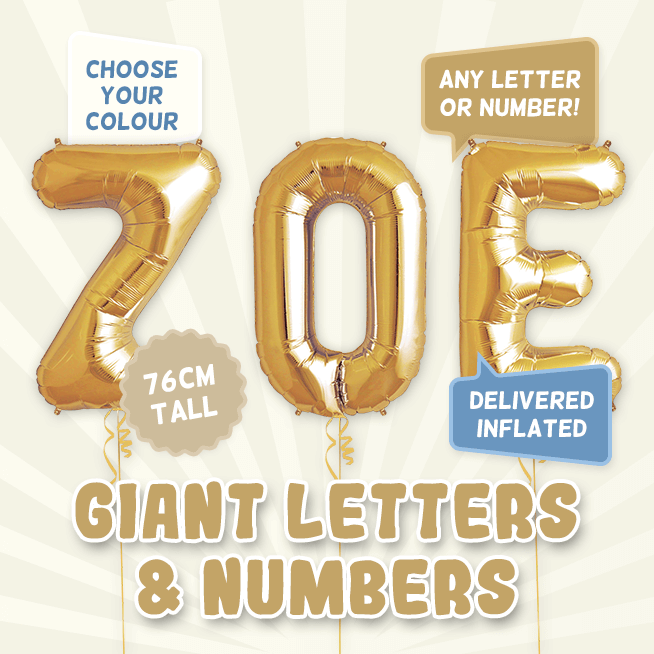 A 76cm tall Christening, Letters & Numbers balloon example