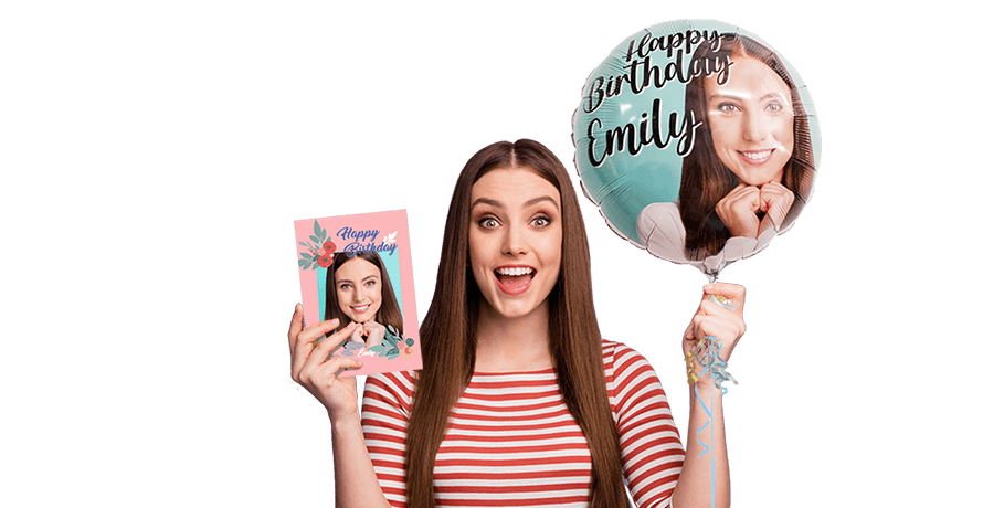 Woman holding happy birthday balloon & card