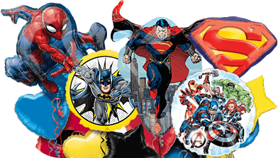 A collection of superhero party balloons